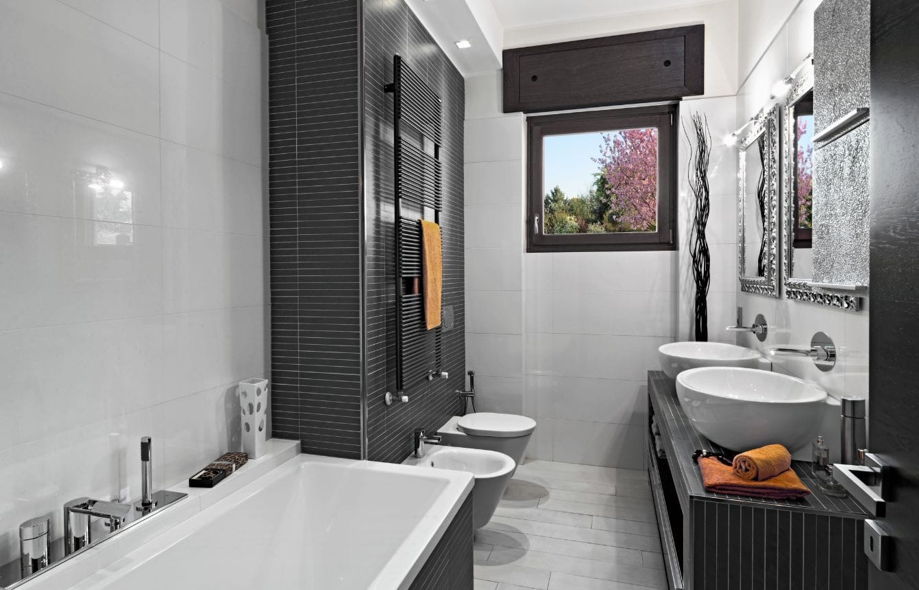 Modern bathroom with black and white design